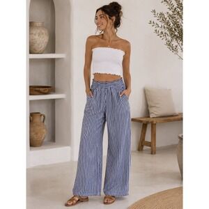 Rewind Women's Blue White Striped Linen Blend Pants Size Large Elastic Waist